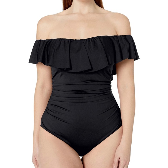 NWT La Blanca Black Ruffled Bandeau One Piece Swimsuit Size 16 - Picture 3 of 8